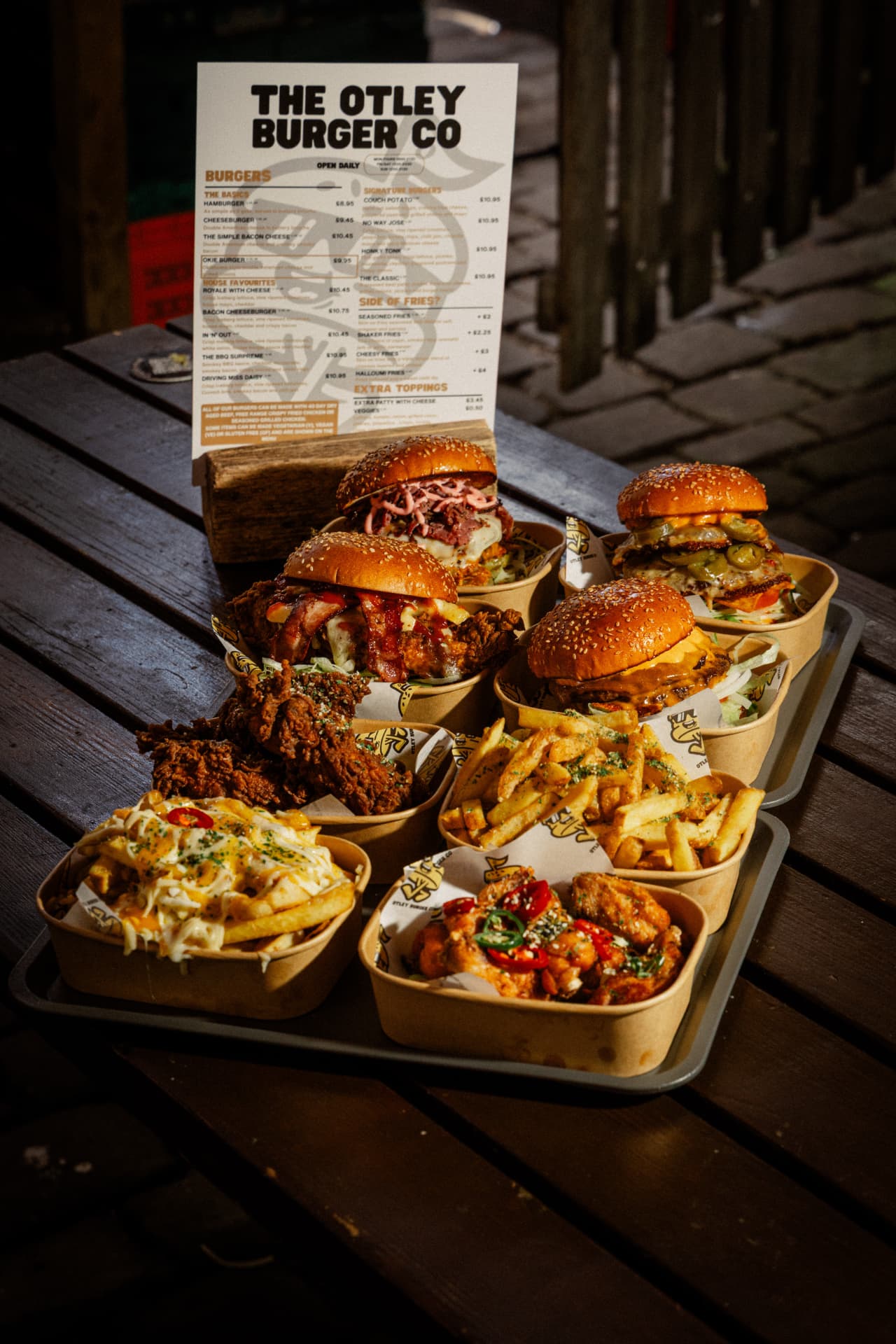 Burger and loaded fries spread photography, Otley Burger Co.