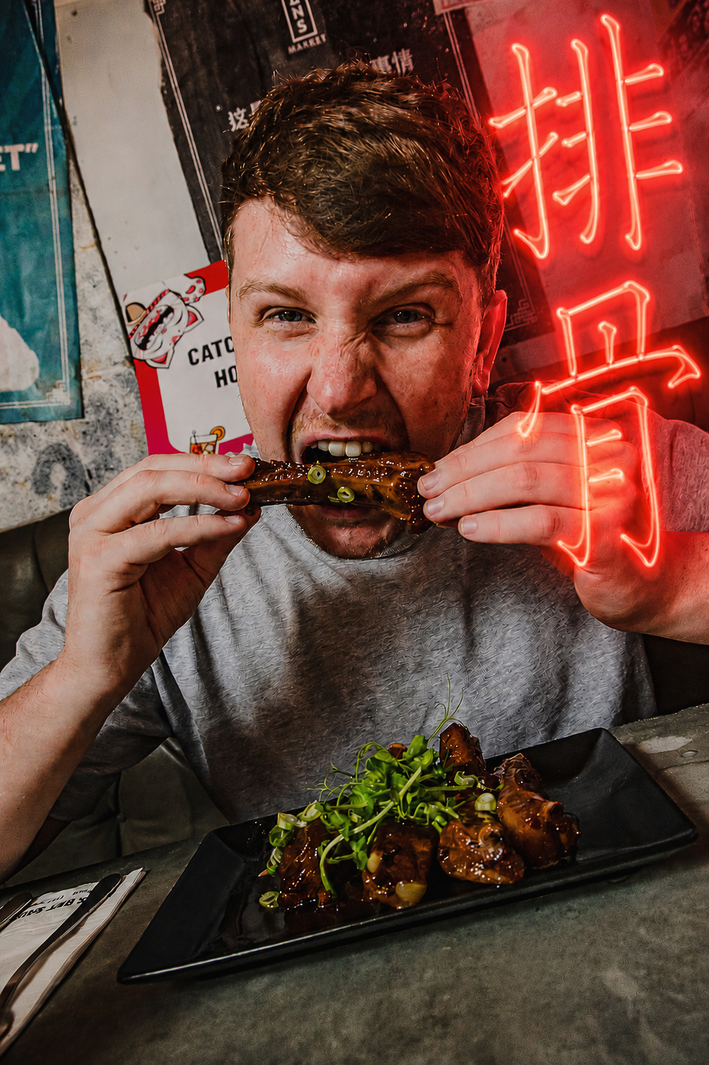 Neon-lit sticky ribs food photography, Leeds
