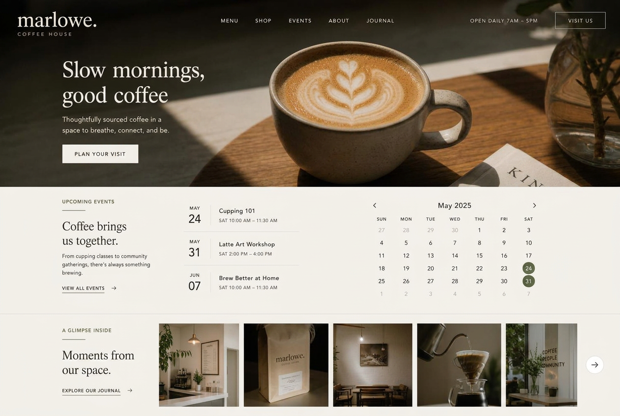 Marlowe Coffee House desktop website design, Leeds